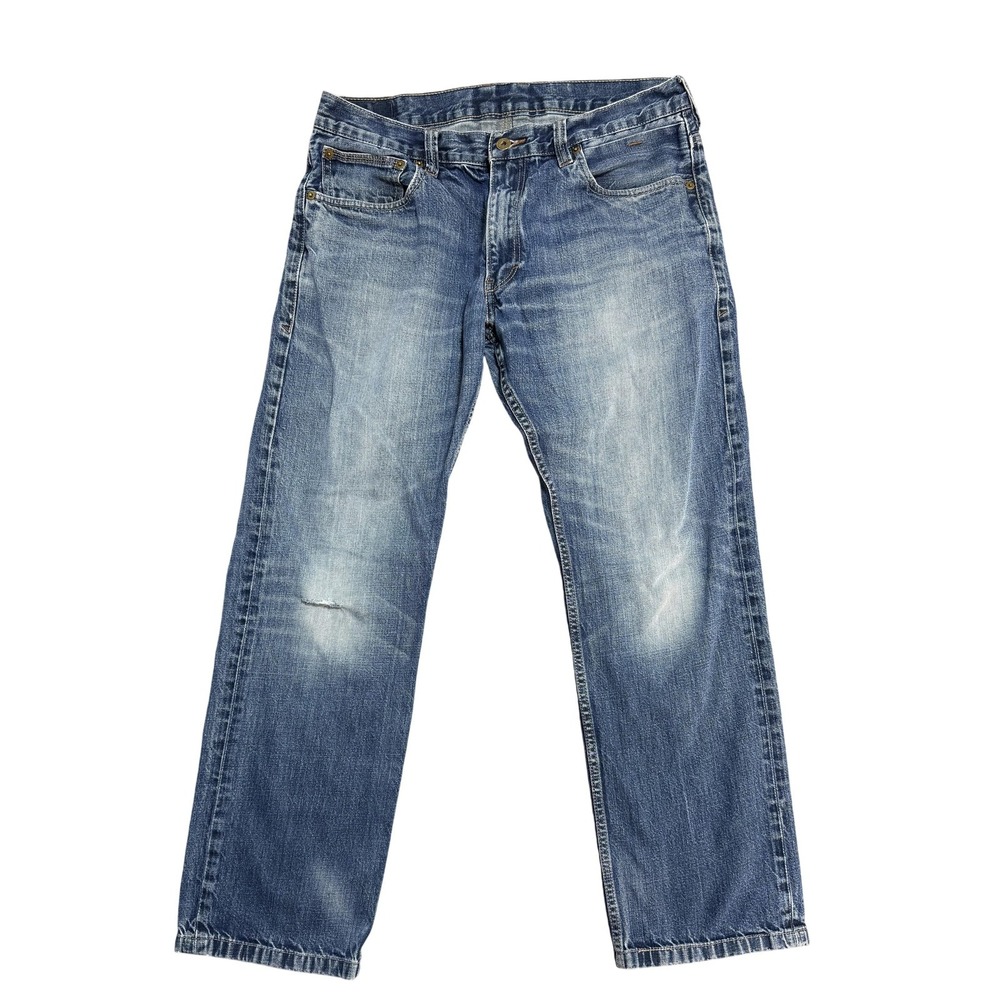 Levis 514 Jeans Mens 38x29 Blue Denim Straight Leg Distressed Knee Rip Casual‎